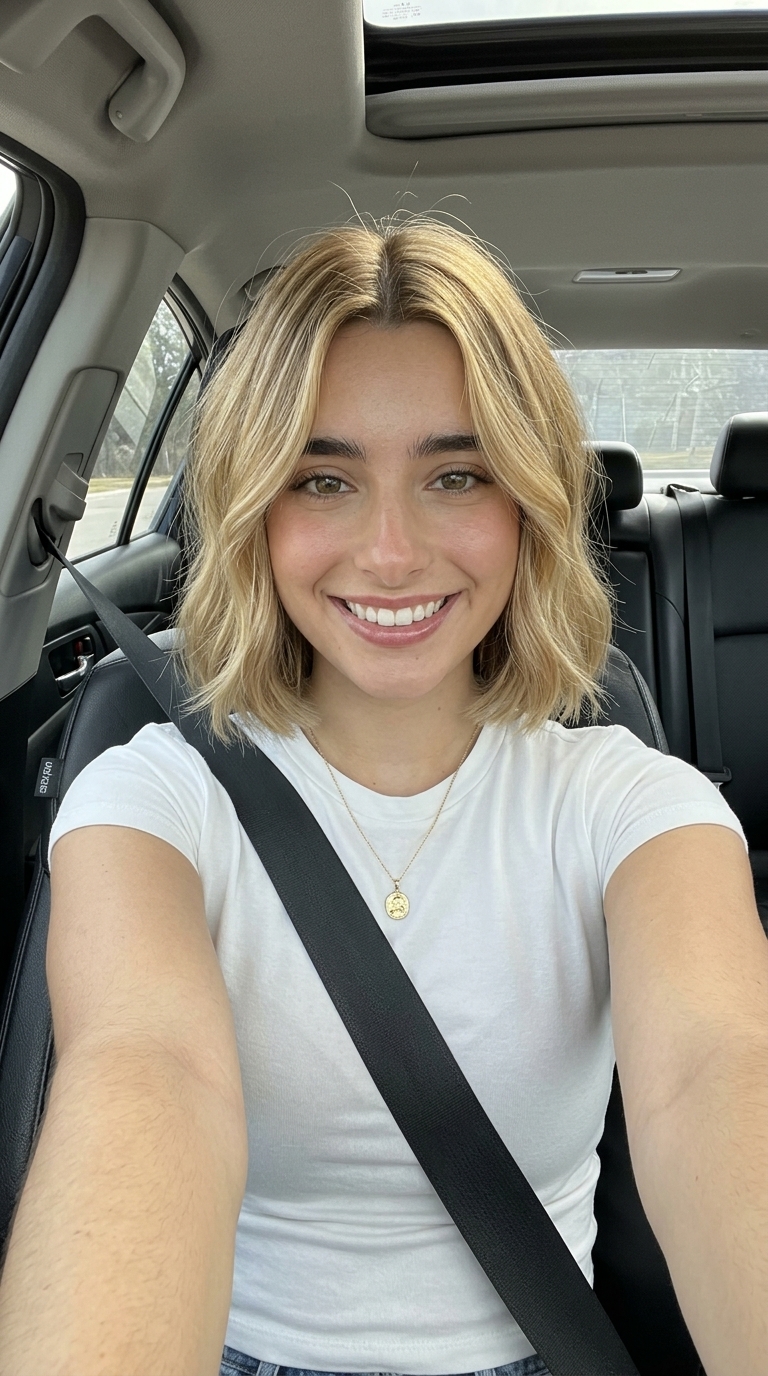 chin-length italian bob haircut with golden blonde, babylights, soft layers — romantic effortless