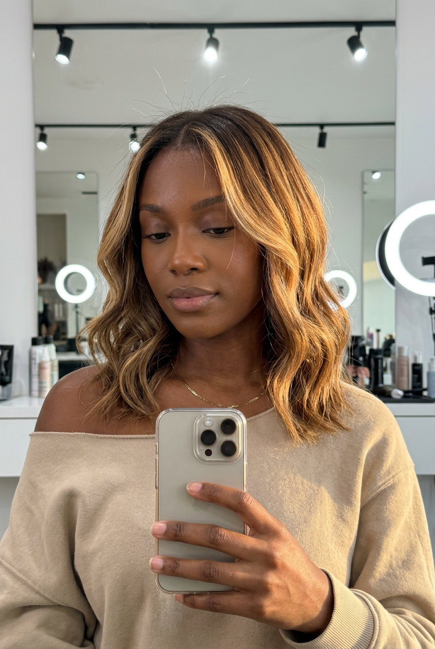 long golden honey balayage highlights with caramel tones, chocolate brown base — relaxed sun-kissed look