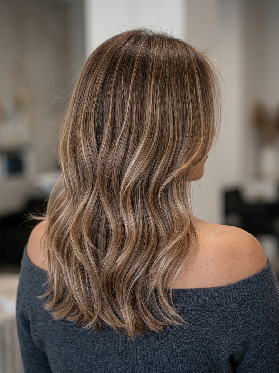 shoulder-length layered haircut with creamy medium-brown, hazelnut beige highlights, and face-framing layers for summer