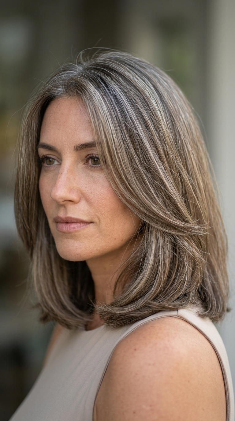 medium Kitty Cut with natural silver, cool beige, warm gray herringbone highlights, face-framing layers — effortless chic for summer