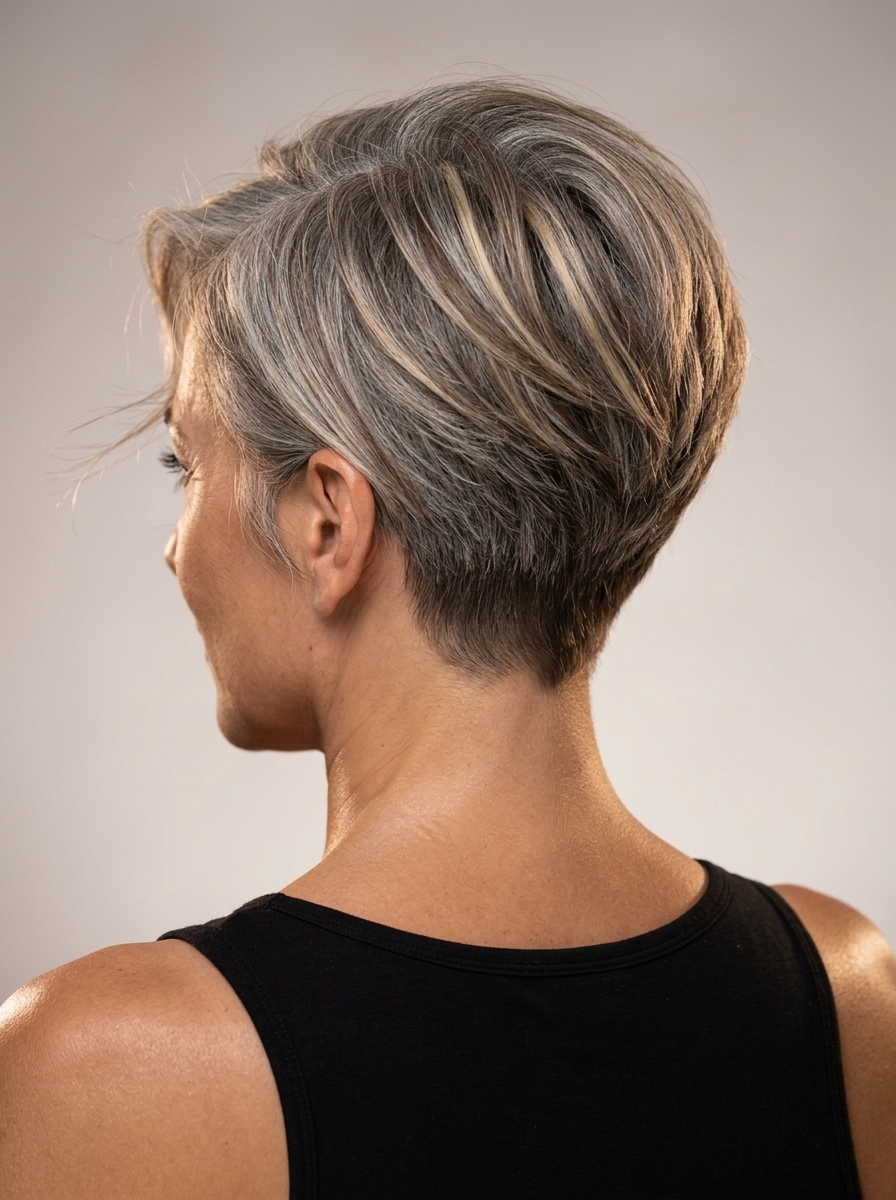 short pixie haircut with natural silver, cool beige, warm blonde herringbone highlights, side-swept fringe — edgy low-maintenance