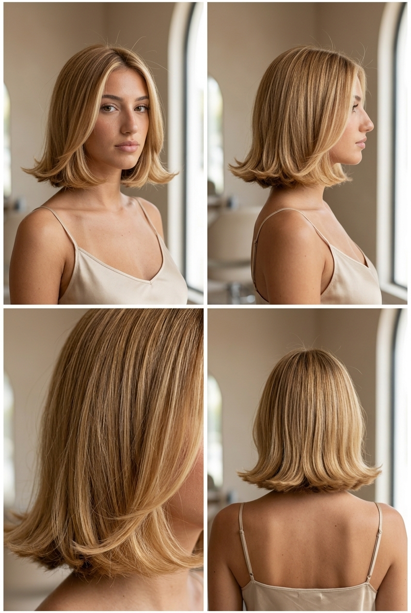 chin-length italian bob haircut with golden honey blonde highlights, blunt perimeter, deep side part — glamorous retro style
