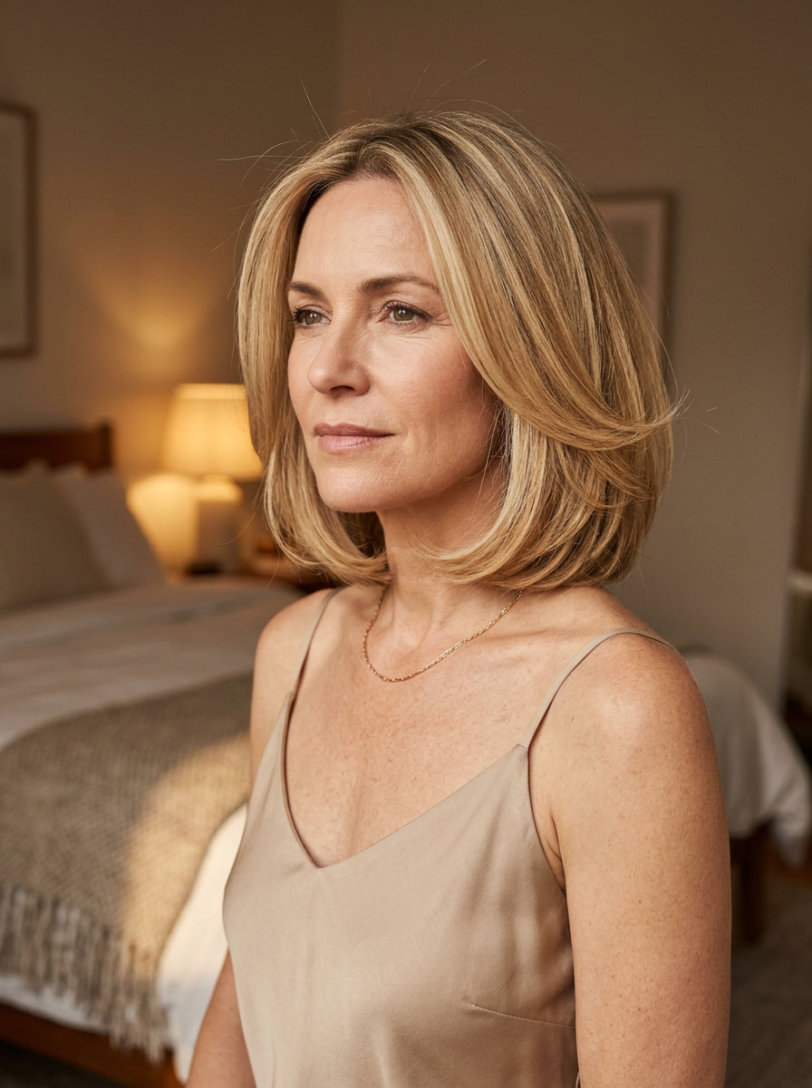 chin-length warm honey blonde bob haircut with internal layers, no bangs — glamorous & sophisticated