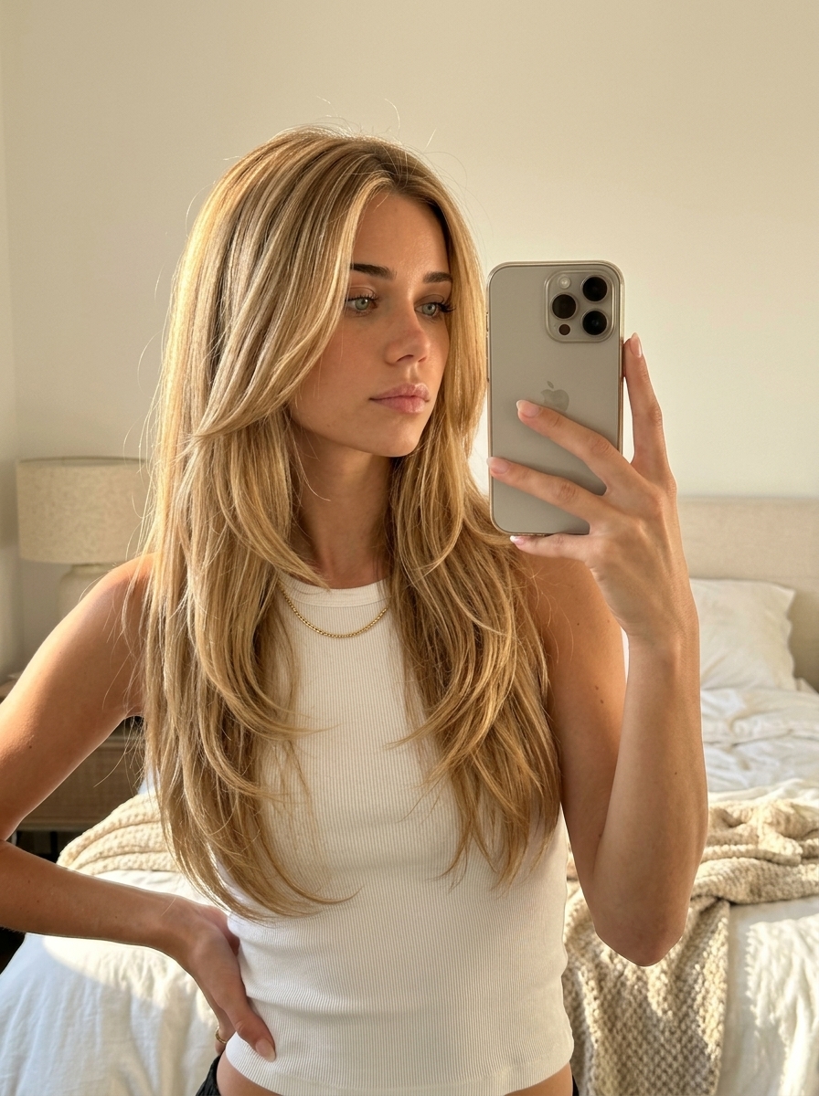 long warm honey blonde haircut with golden babylights and soft V-cut for summer party