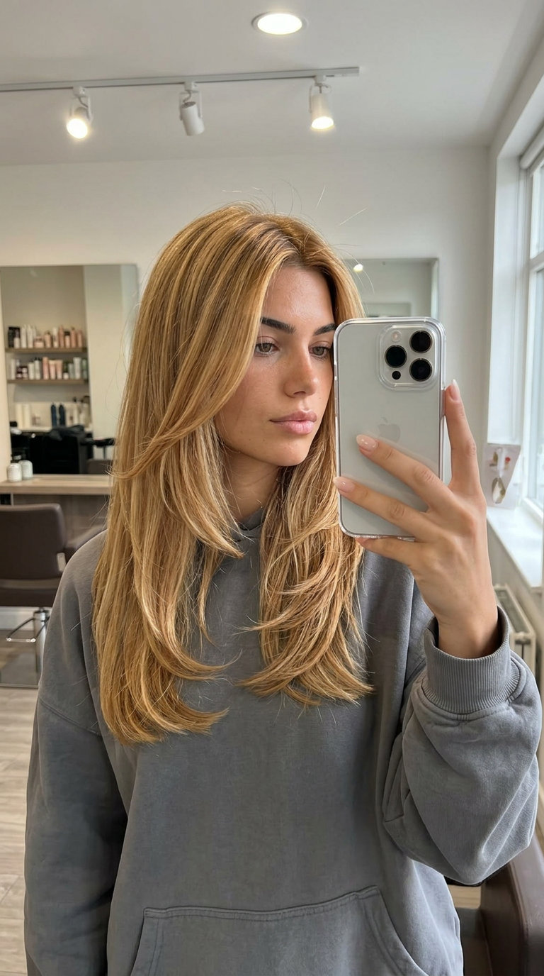 long warm honey blonde balayage with golden caramel highlights for radiant bohemian vibes