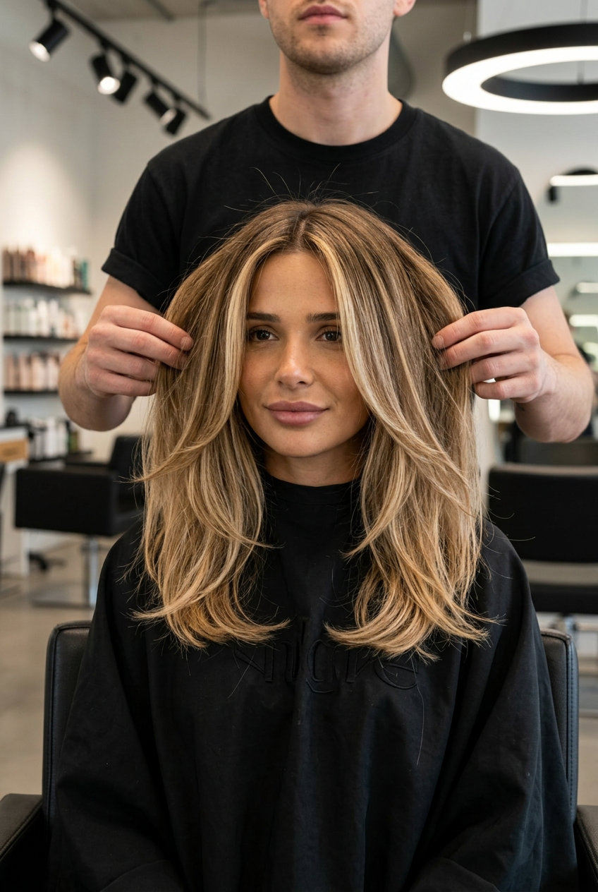long honey blonde bronde haircolor with caramel, balayage, no fringe — romantic