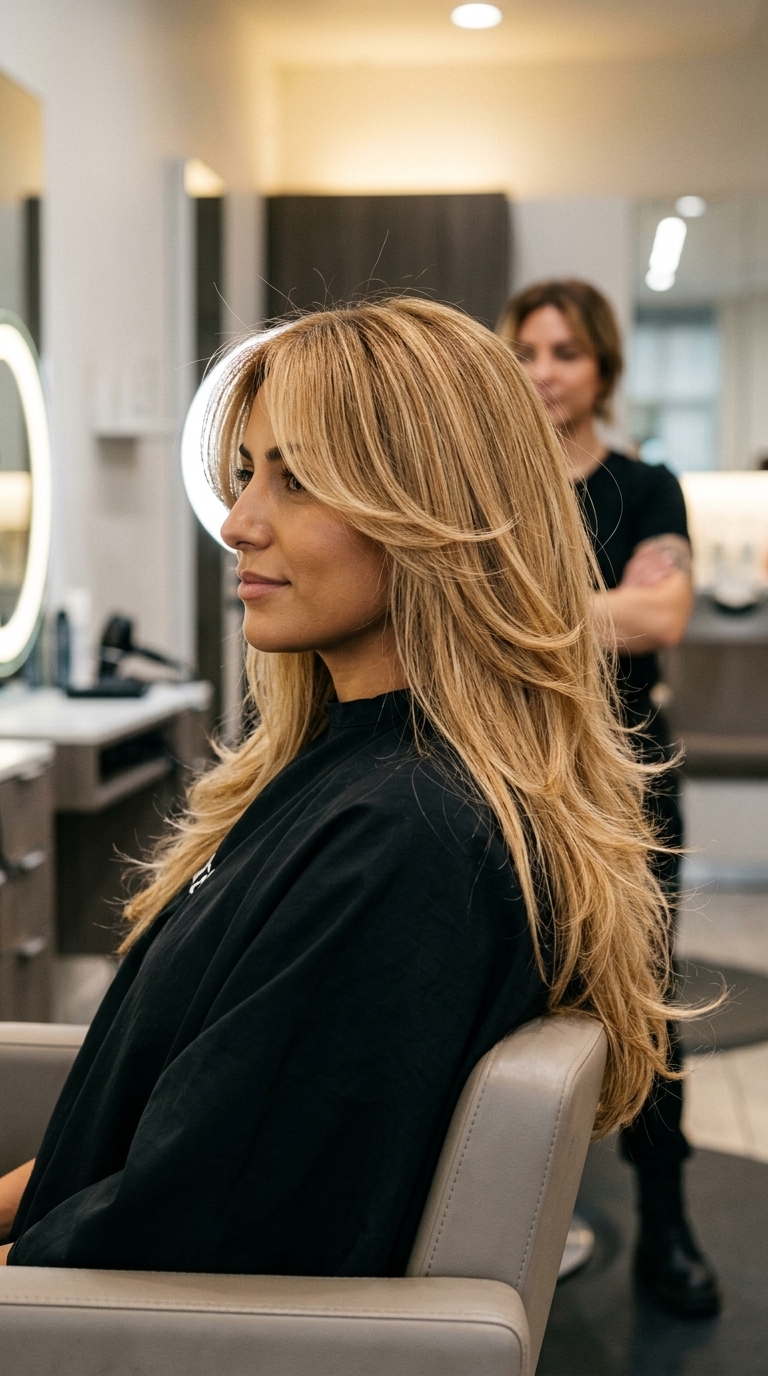 long honey blonde butterfly cut with golden caramel balayage and full curtain bangs for summer