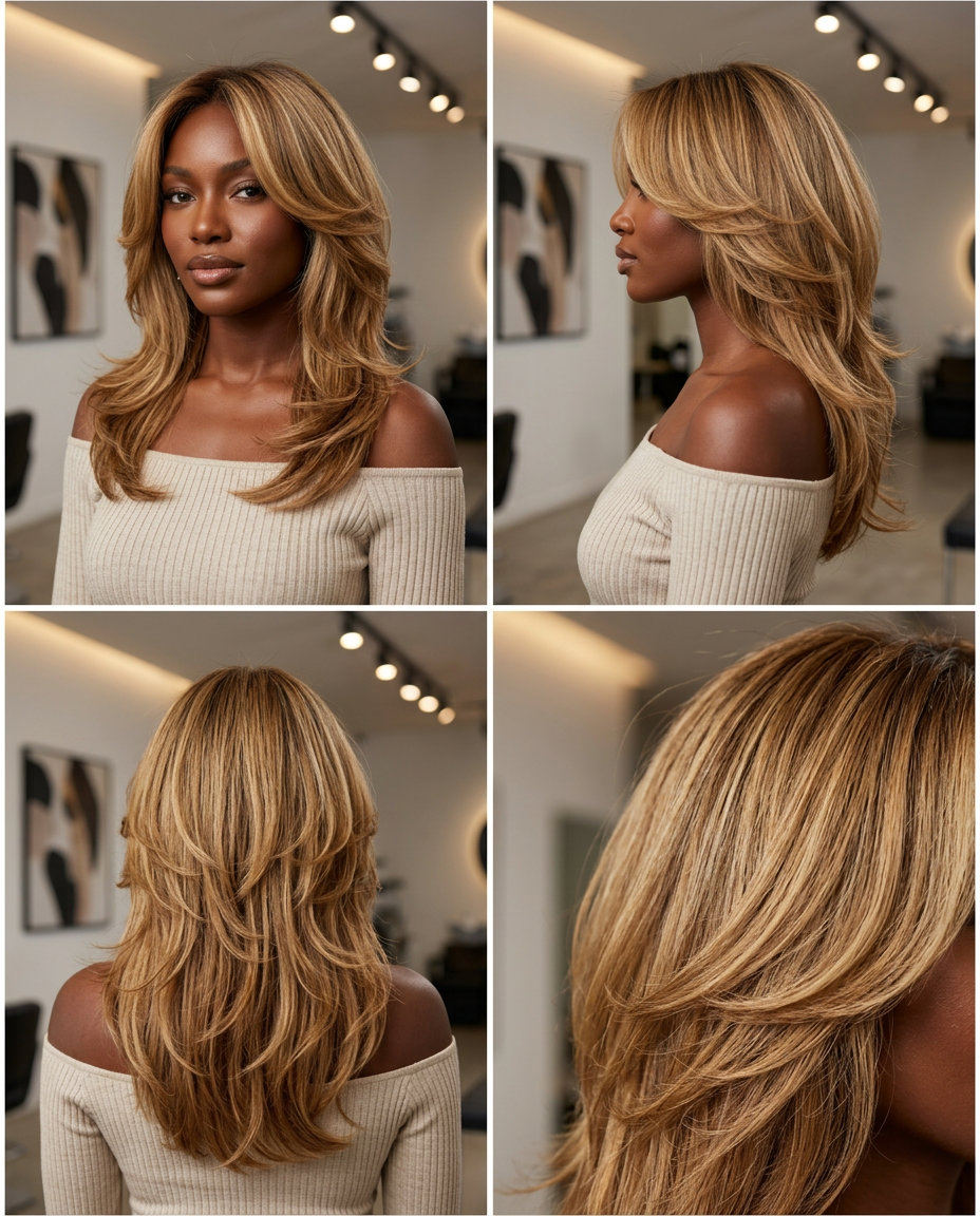 long honey blonde butterfly haircut with golden babylights and dark blonde root for summer 2026