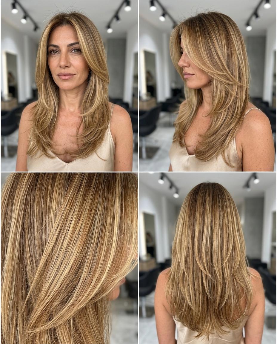 long honey blonde balayage haircut with golden babylights, face-framing layers — sun-kissed & breezy