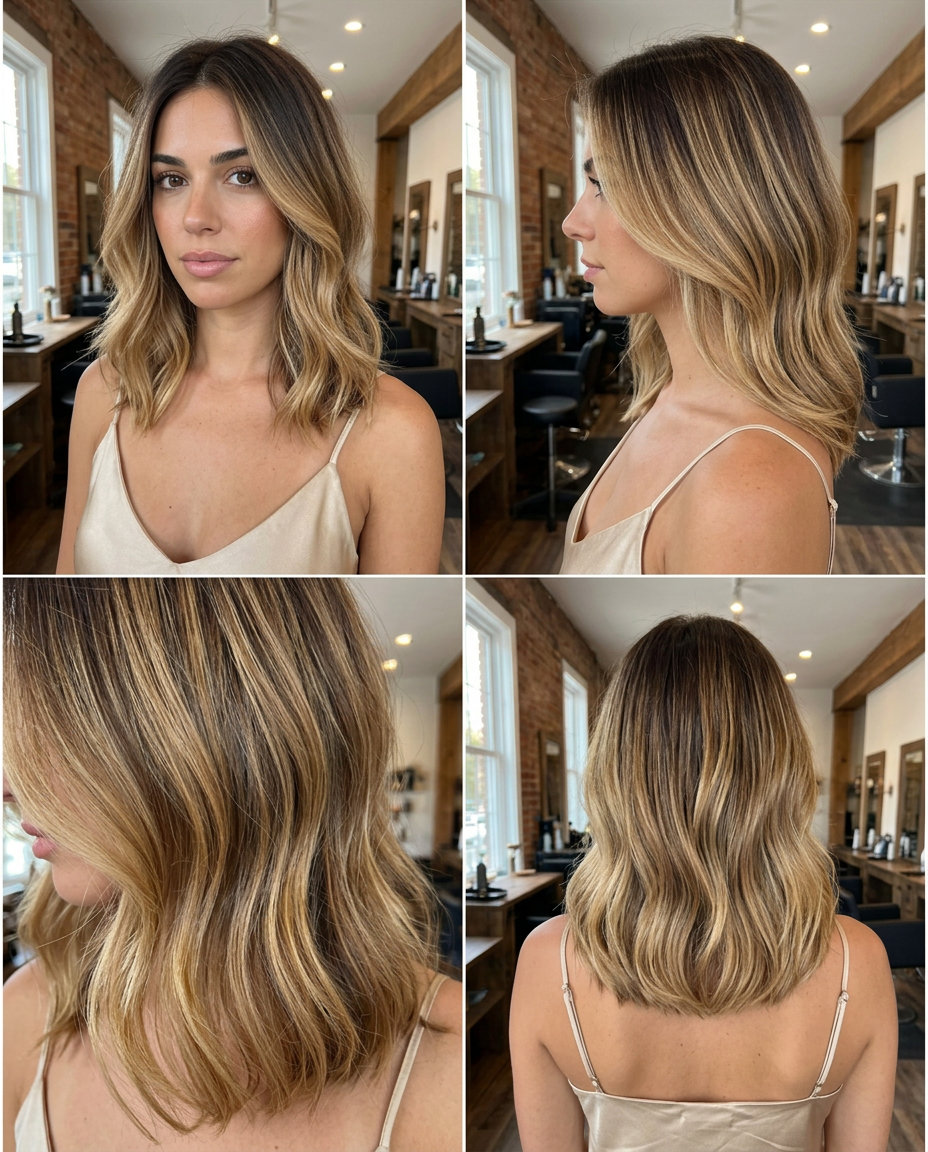 long honey blonde ombré highlights on deep brunette with face-framing for weekend