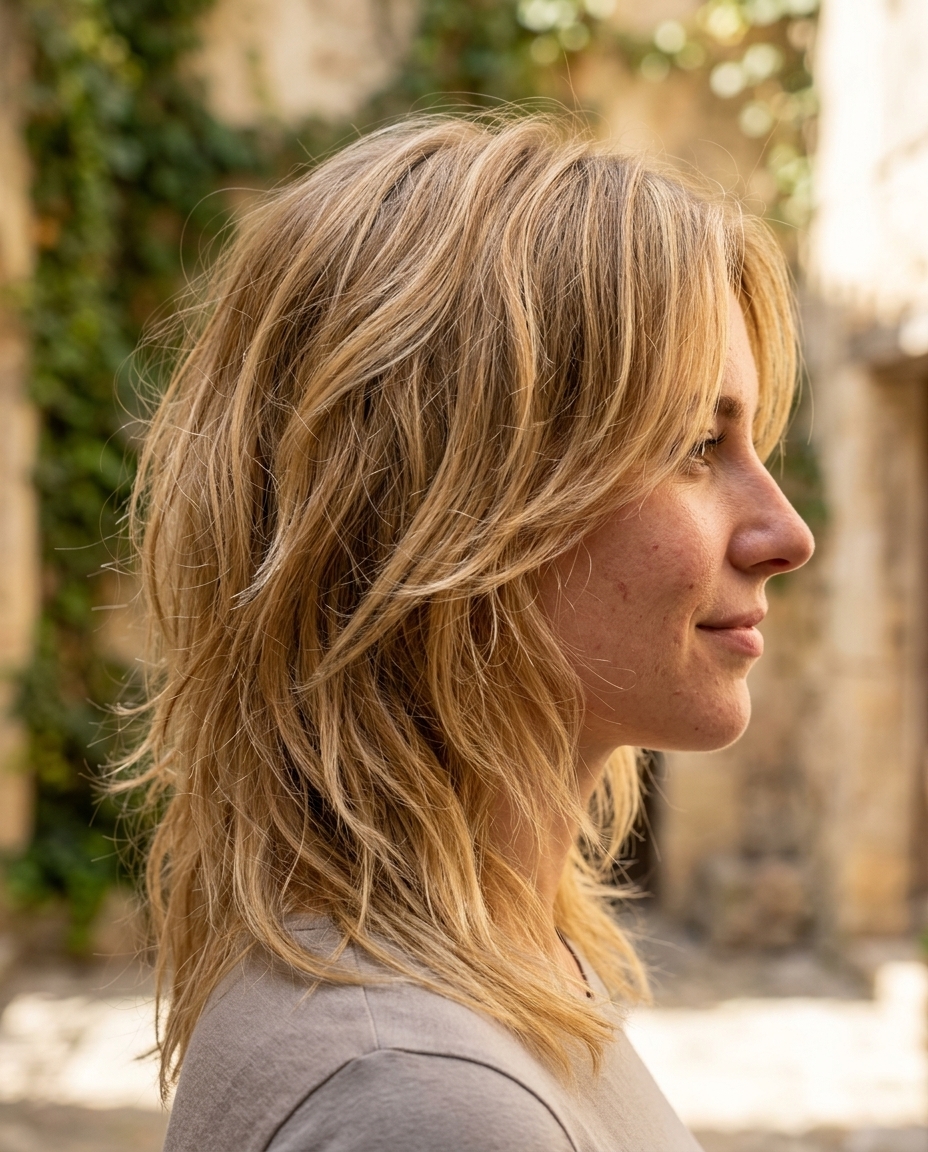 long layered wolf cut in honey blonde with golden babylights for beach day