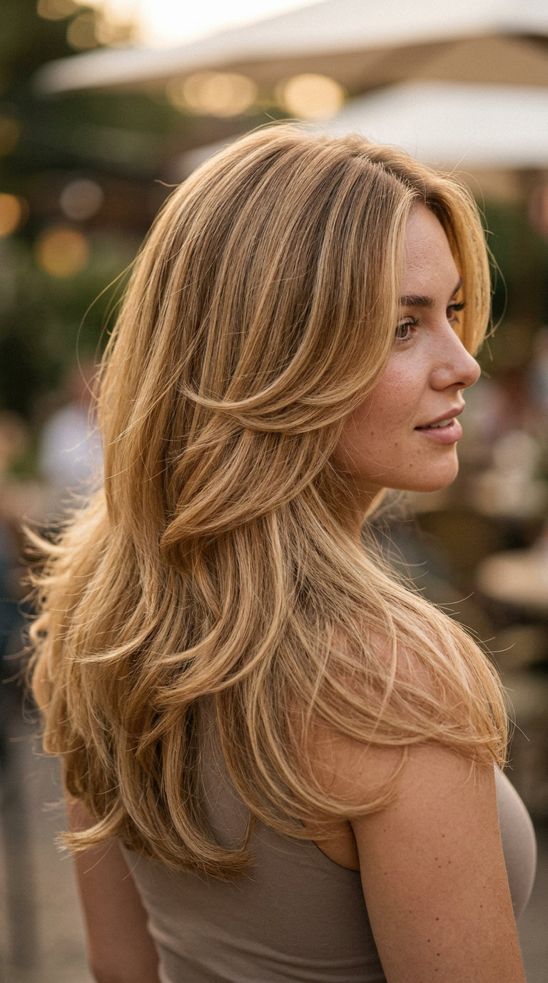 medium honey blonde butterfly haircut with golden babylights and soft curves for summer 2026