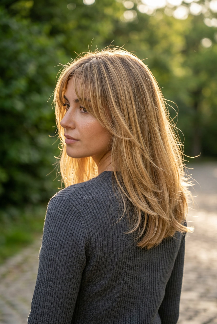 medium-long sun-kissed honey blonde haircut with golden babylights and Birkin bangs 2026