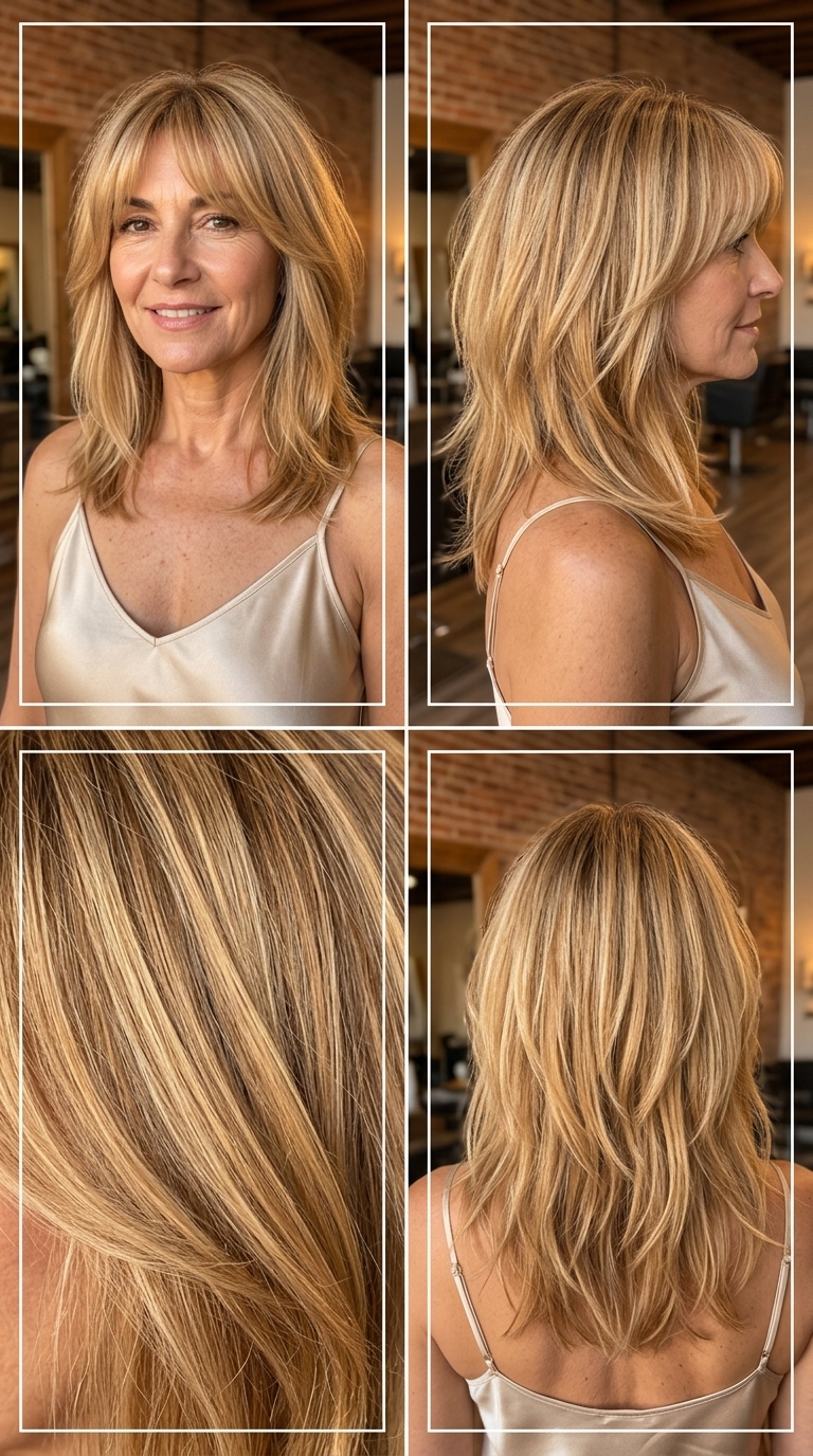 Honey Melt Shag Haircut 2026 medium honey blonde shag haircut with golden highlights, curtain fringe, textured ends — soft effortless
