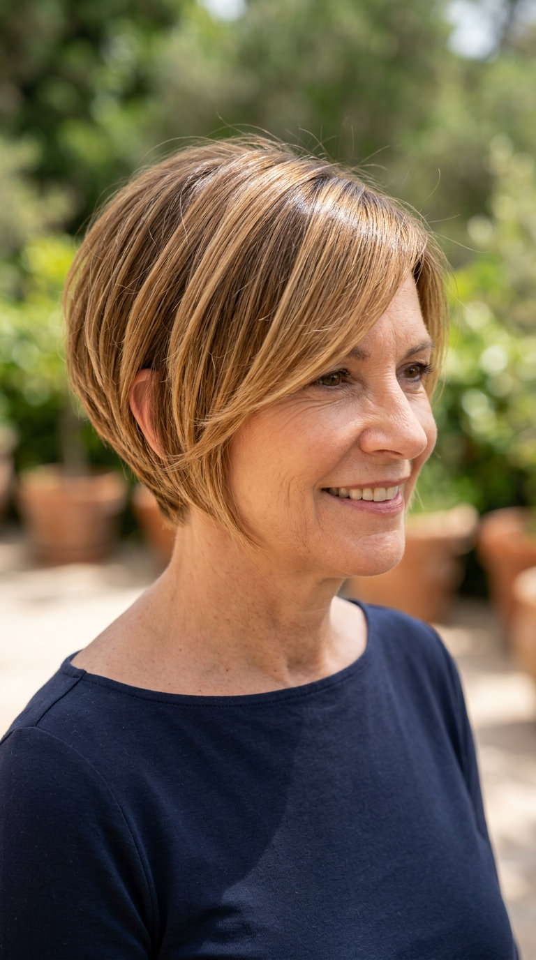 Golden Hour Bixie Haircut 2026 short honey blonde bixie haircut with golden highlights, root smudge, side-swept fringe — playful youthful