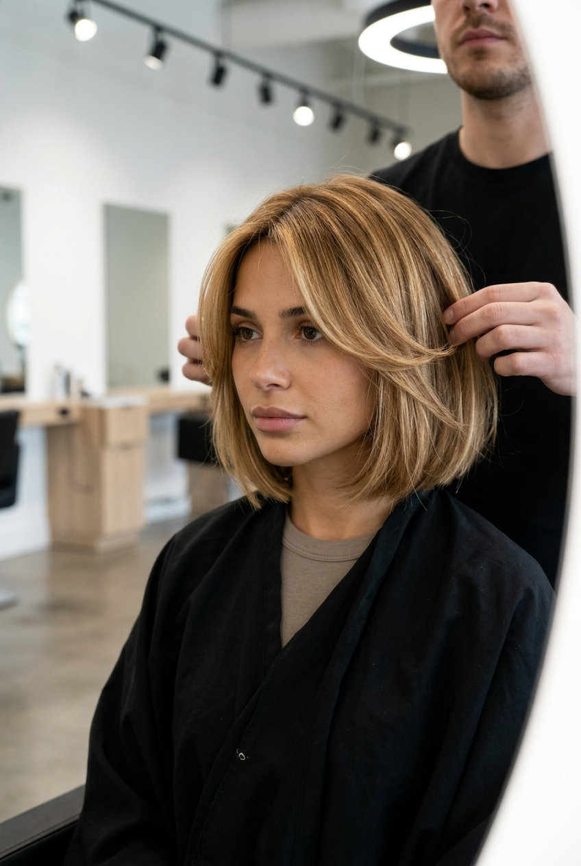 short bob haircut in warm honey blonde balayage with golden caramel accents for summer