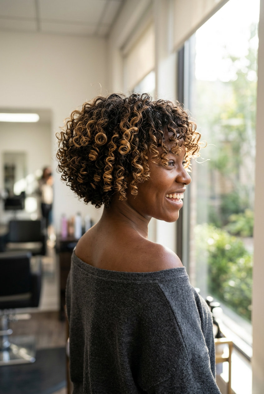 short curly crop in honey blonde with golden caramel accents and diffused fringe