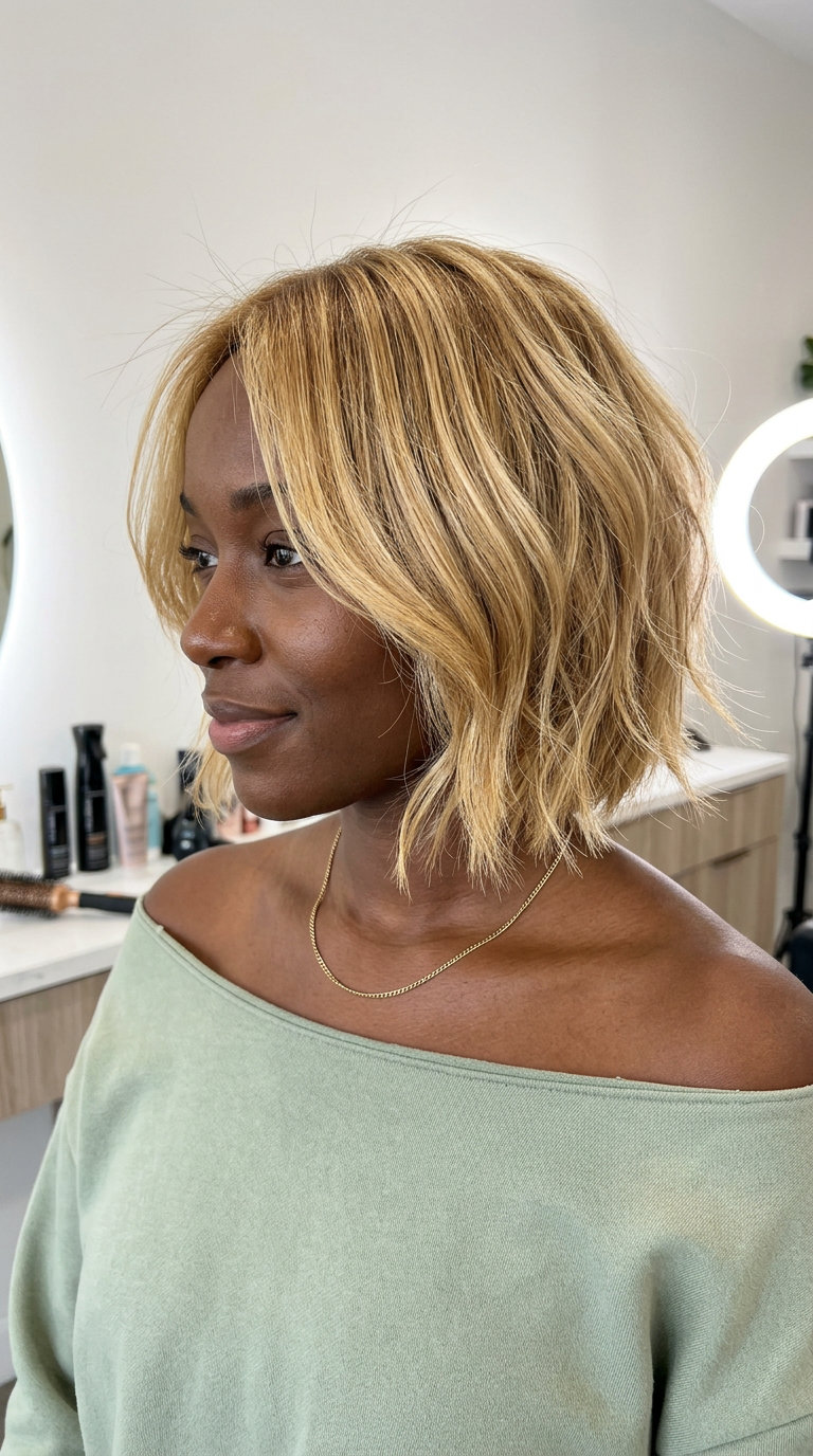 short french bob haircut with honey blonde babylights, sandy lowlights, face-framing layers — playful radiant effortless
