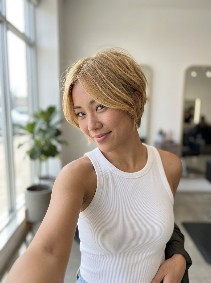 very short crop buttery blonde hair with honey babylights, choppy layers — playful chic