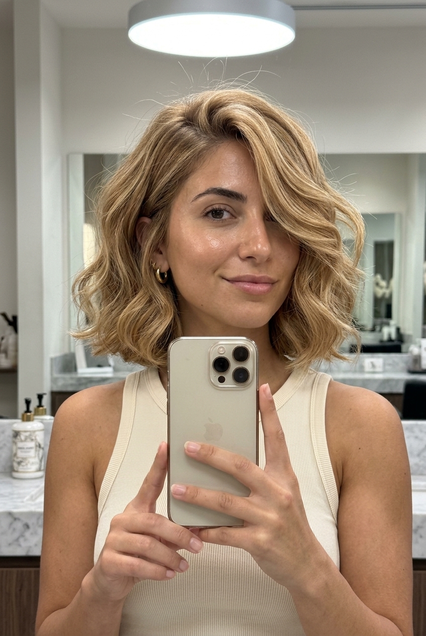 collarbone-length italian bob haircut with honey butter blonde, foil highlights, deep side part — retro glam