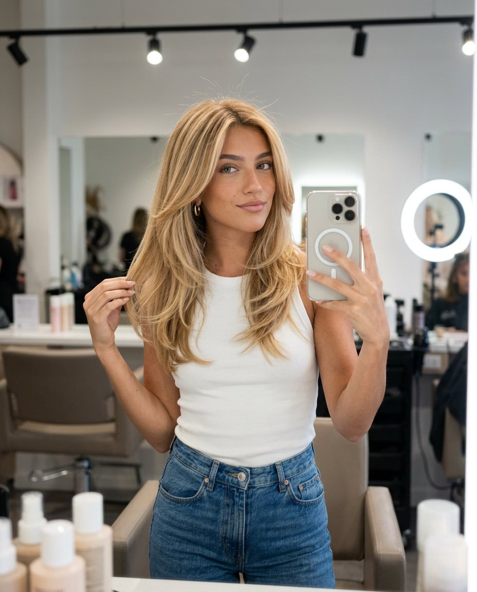 long layered cut honey butter blonde with golden highlights and honey lowlights, dimensional foilyage, no fringe — effortless bohemian chic