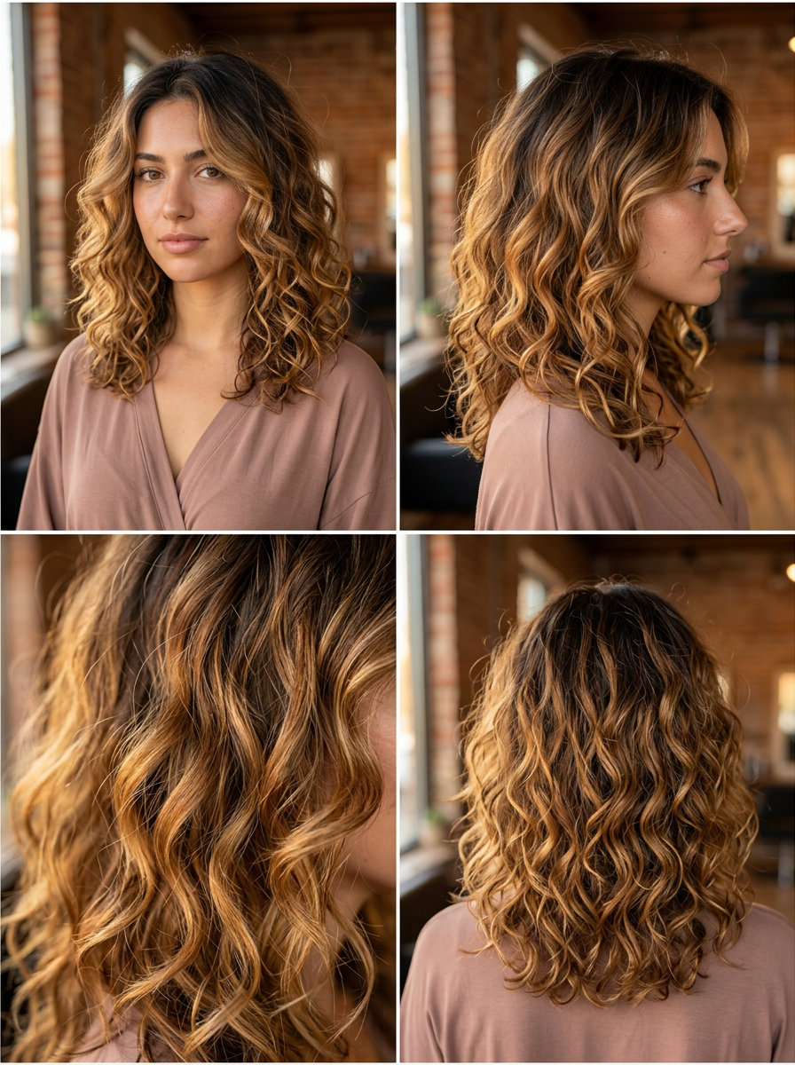 long bronde root melt with honey gold, pinturabalayage, natural curls — warm weekend style