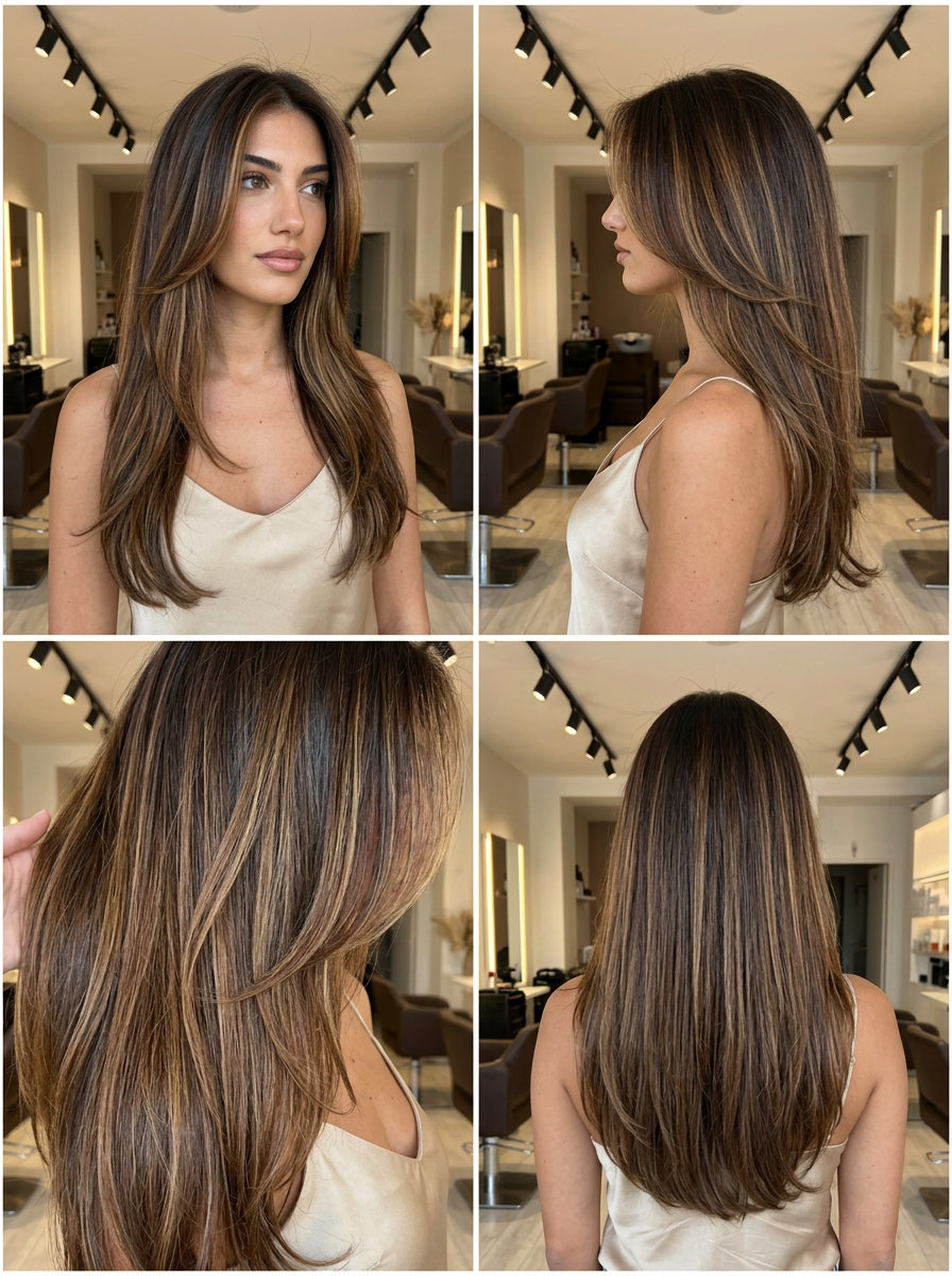 long cascading balayage with warm honey & golden caramel for bohemian vibes