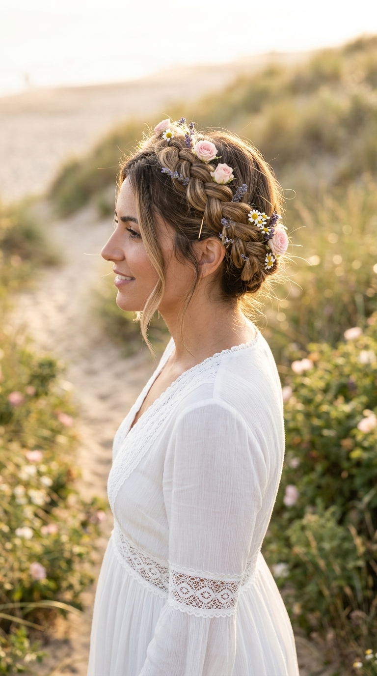 long floral crown braid with warm honey tones, woven flowers, bohemian vibe — festival ready