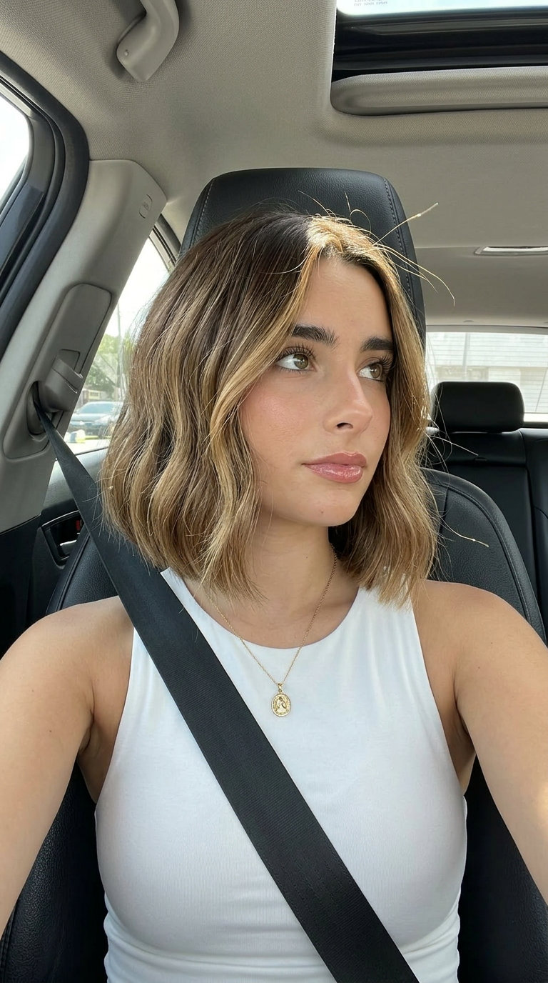 chin-length angled bob balayage with honey melt for playful chic
