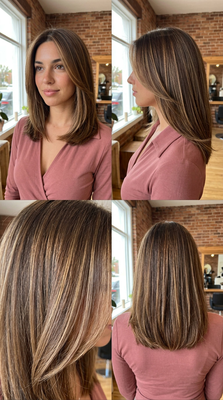 long brunette hair color with honey tan babylights, delicate hand-painted babylights, no fringe — romantic softness