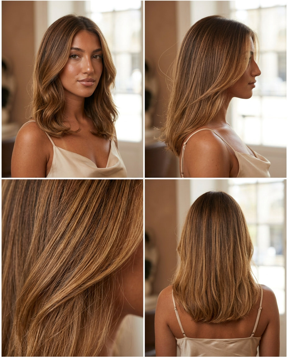 long brunette hair color with honey toffee melt, seamless color melt, no fringe — romantic dimension