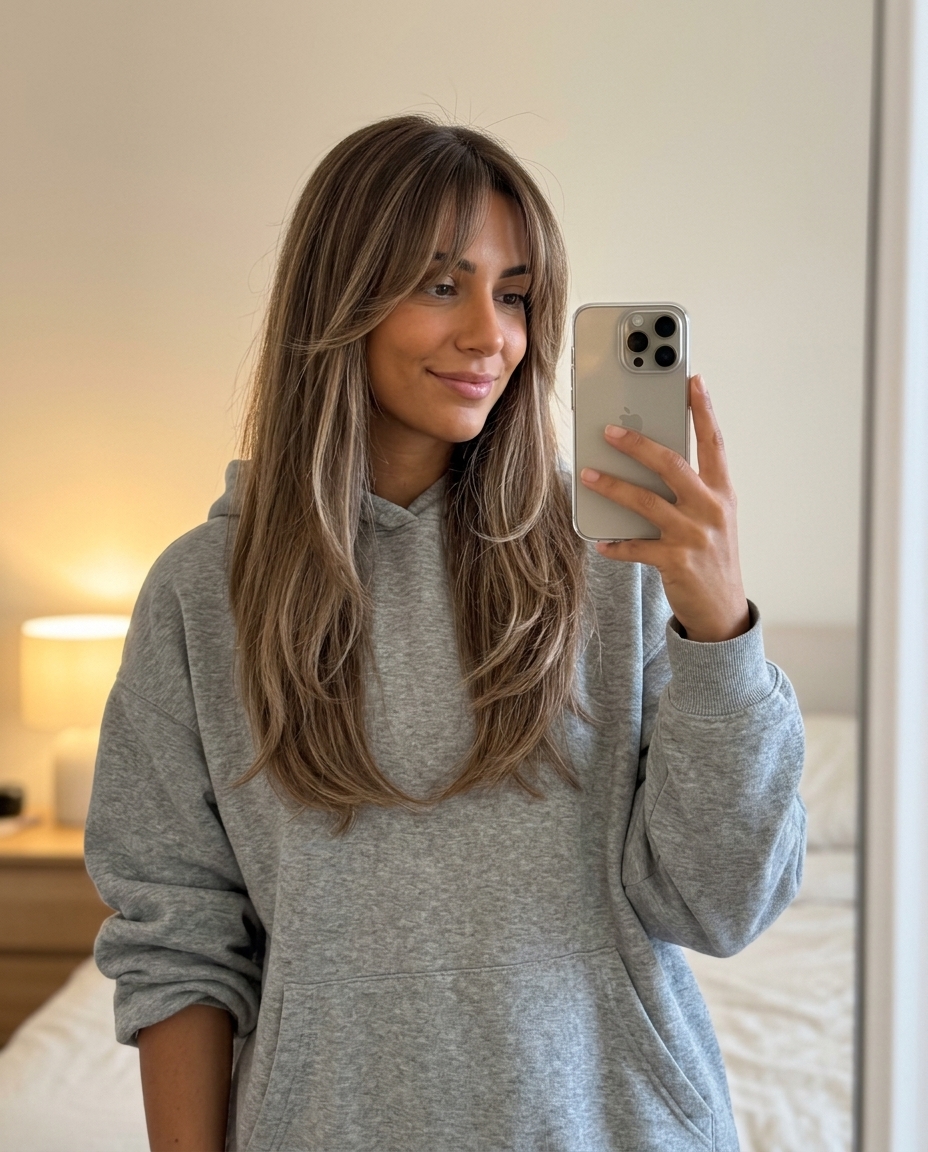 long iced chai balayage haircut with bottleneck bangs and subtle layers for elegant styles