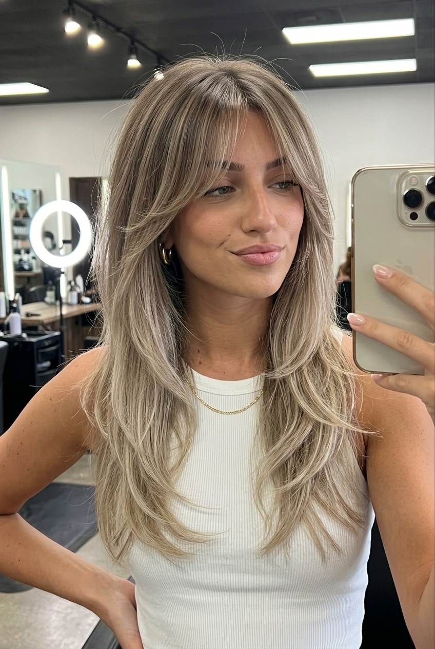 long iced chai to mushroom blonde ombré with face-framing layers and wispy curtain bangs for summer