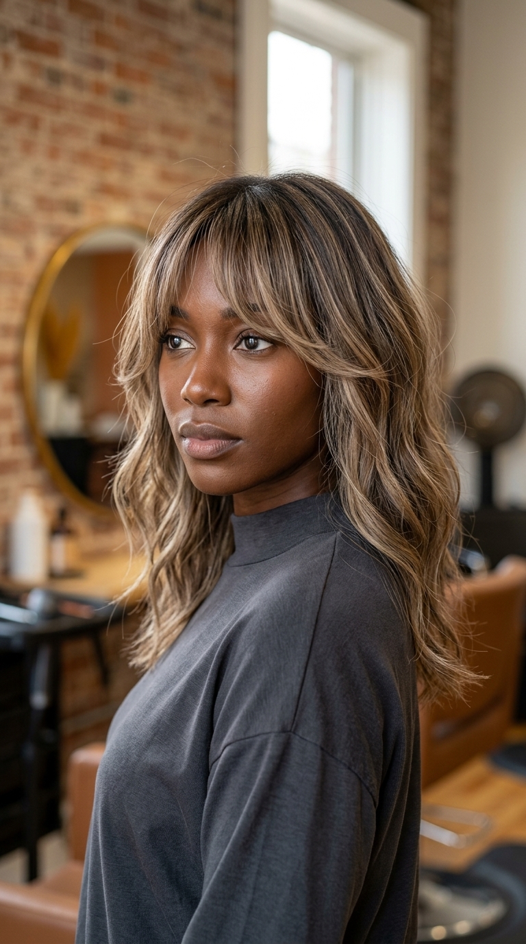 medium-length ethereal shag haircut with mushroom blonde babylights and wispy bangs for festivals
