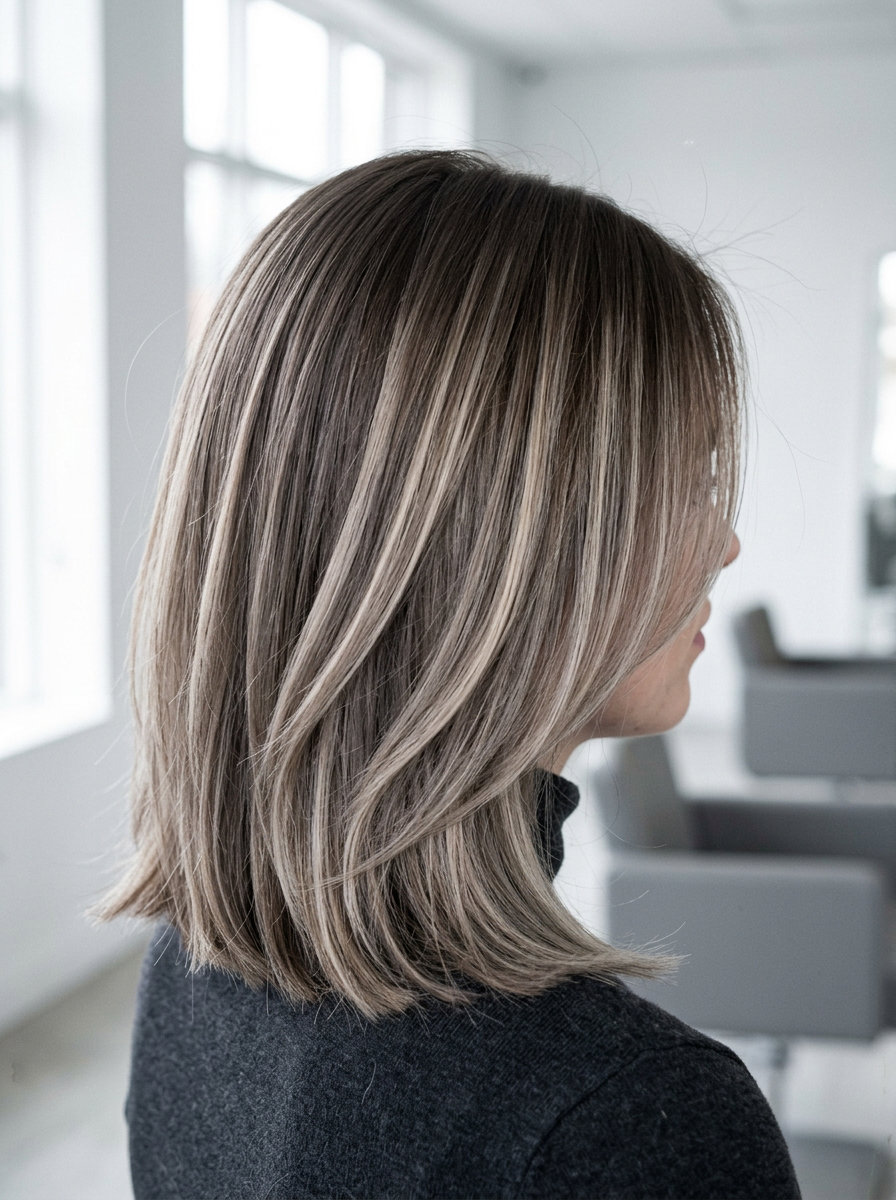 shoulder-length iced chai balayage with ash blonde and slate lowlights, face-framing highlights, no fringe — professional career pivot