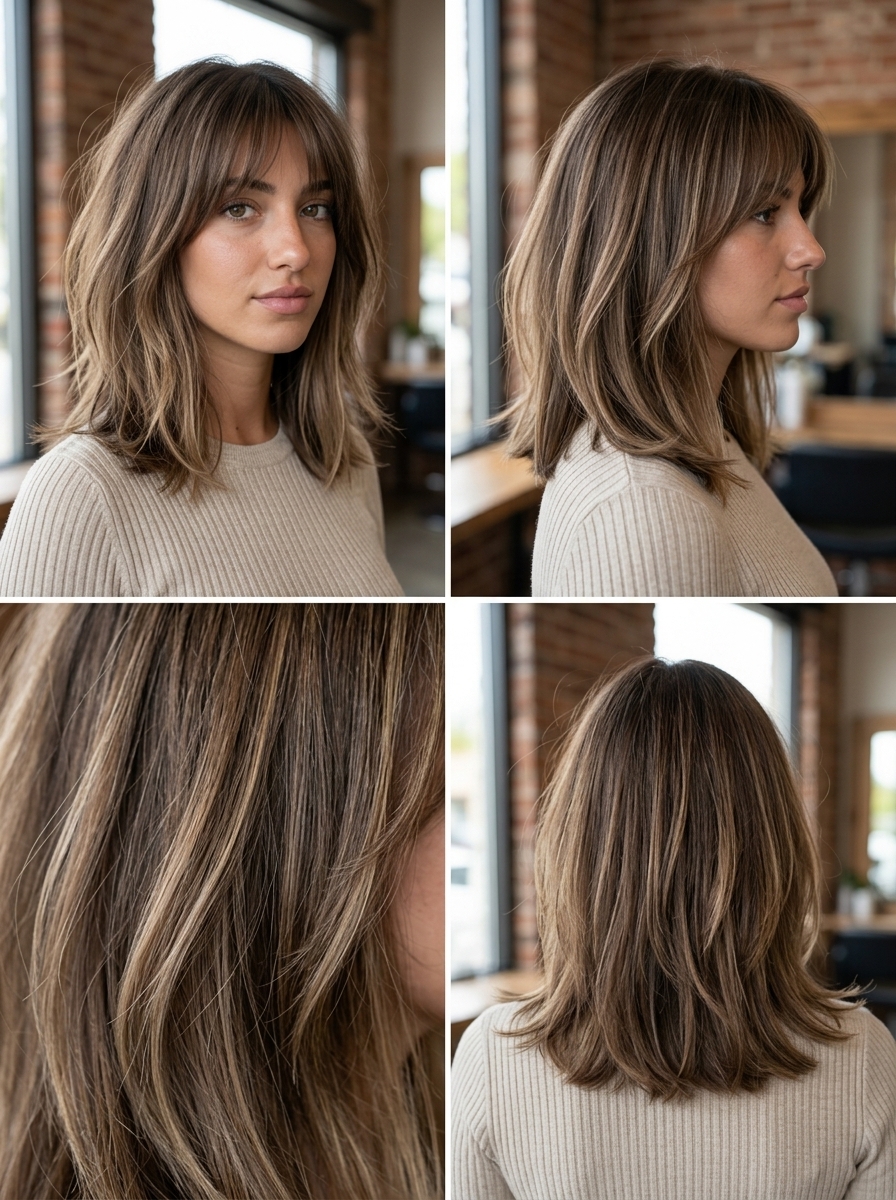 shoulder-length iced chai lob haircut with sandy beige balayage and choppy bangs for casual days