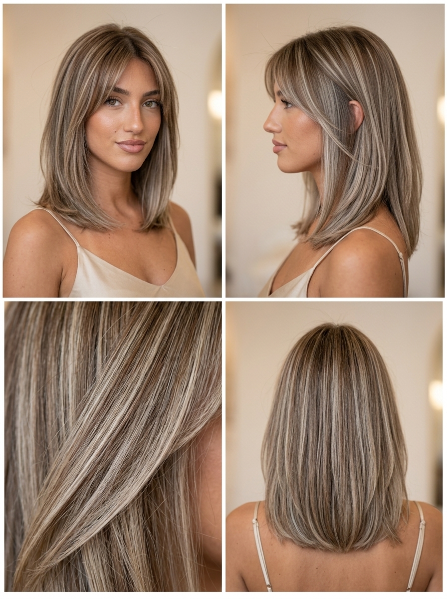 long brown hair with iced coffee highlights, creamy ash blonde babylights, no fringe — minimalist, cool, sophisticated