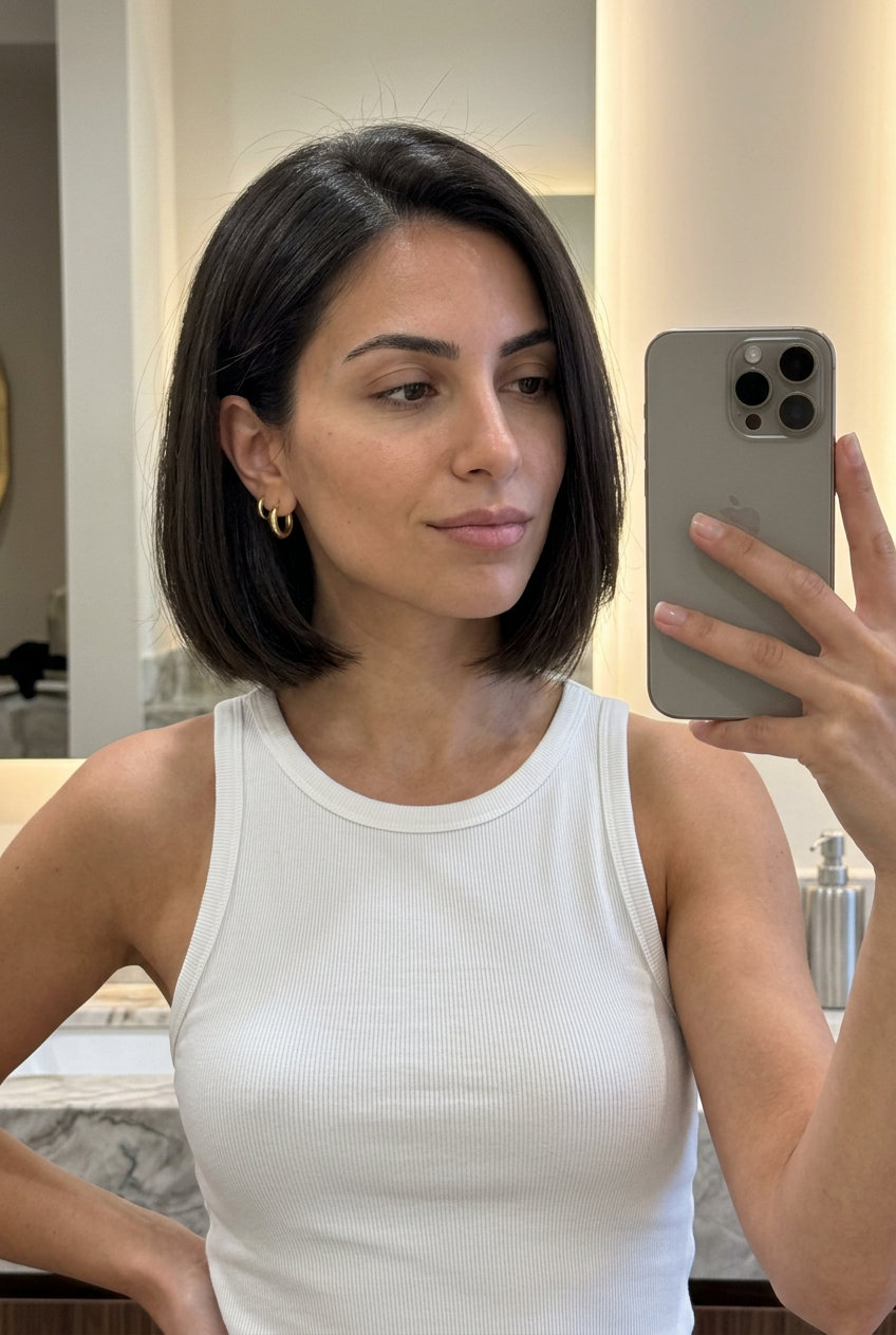 chin-length bob haircut in iced espresso brunette with soft diffused perimeter for round faces