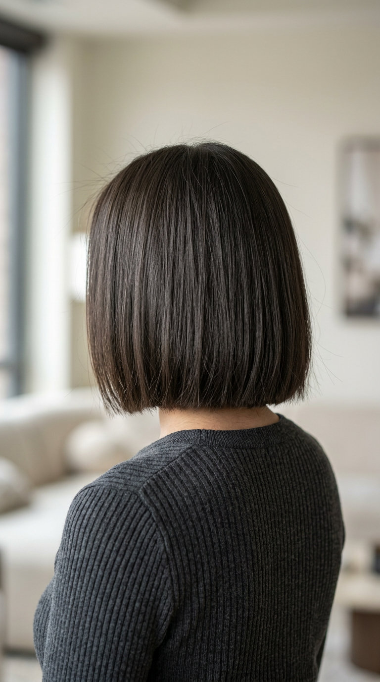 chin-length soft blunt bob in iced espresso brunette, shattered ends for movement, no bangs, chic