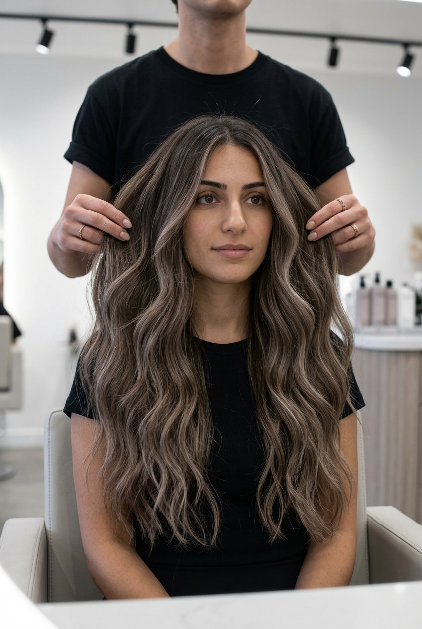 long layered cut with iced mocha balayage, minimal face-framing, no fringe — sophisticated ethereal look
