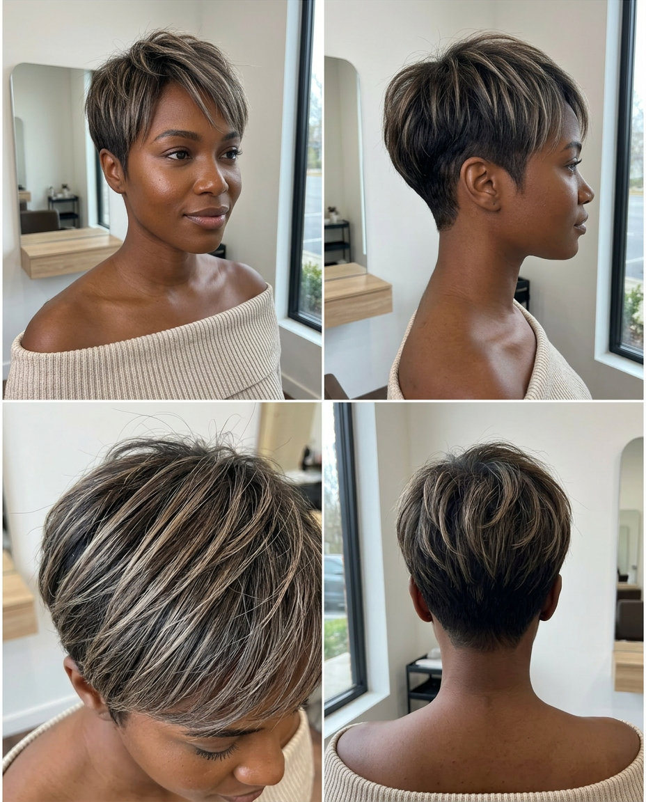 short pixie with undercut balayage in iced mocha & ash brown for edgy vibes