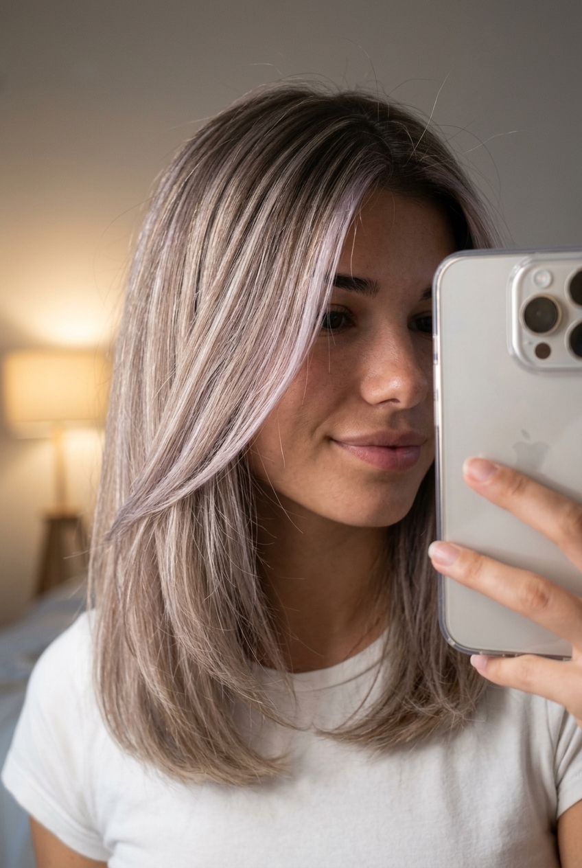 long layered hair ash blonde with money piece highlights, babylights, no fringe — soft