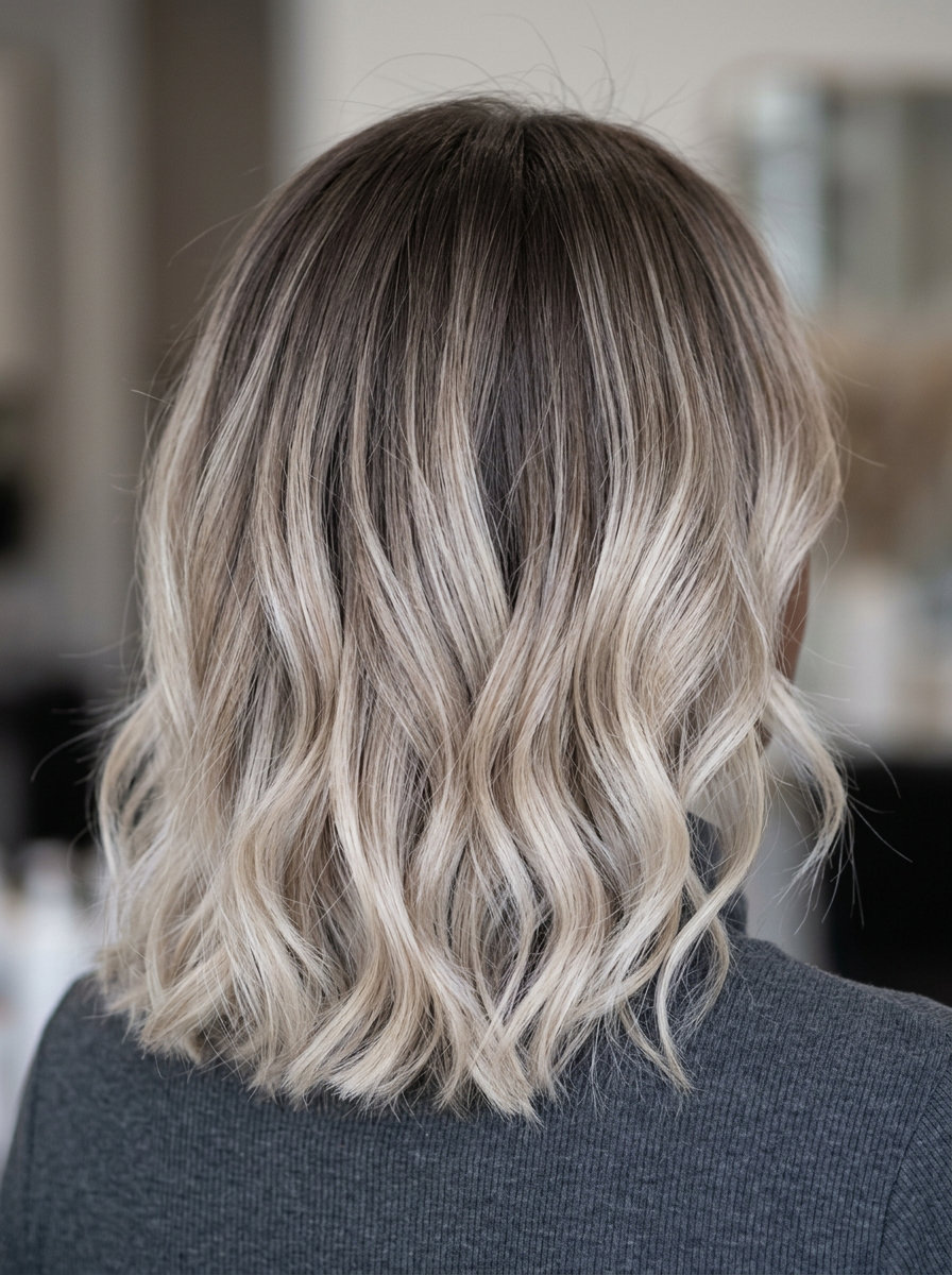 long blunt cut hair with icy beige blonde reverse balayage, dark ash brown root, high-contrast effect — bold modern statement