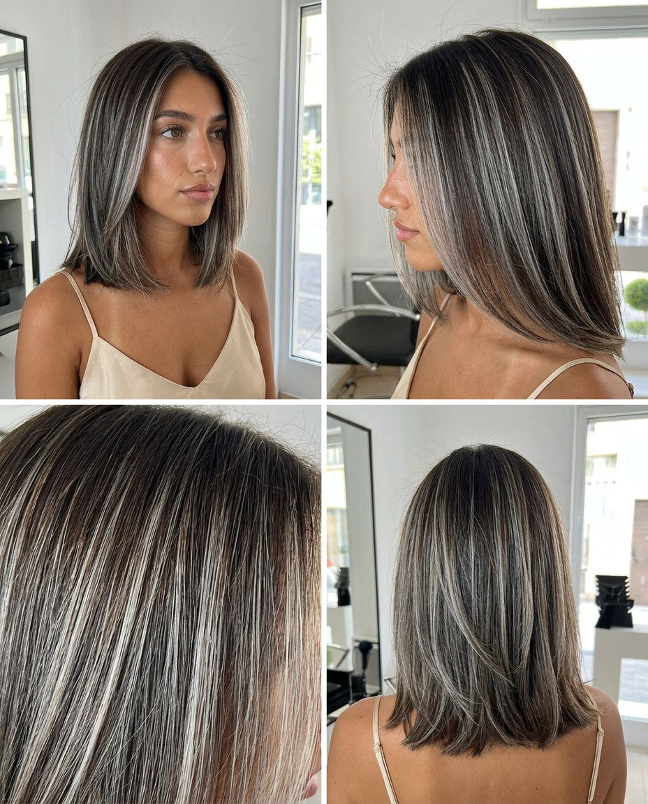 long icy blonde scattered highlights on espresso brunette with cool silver for ethereal