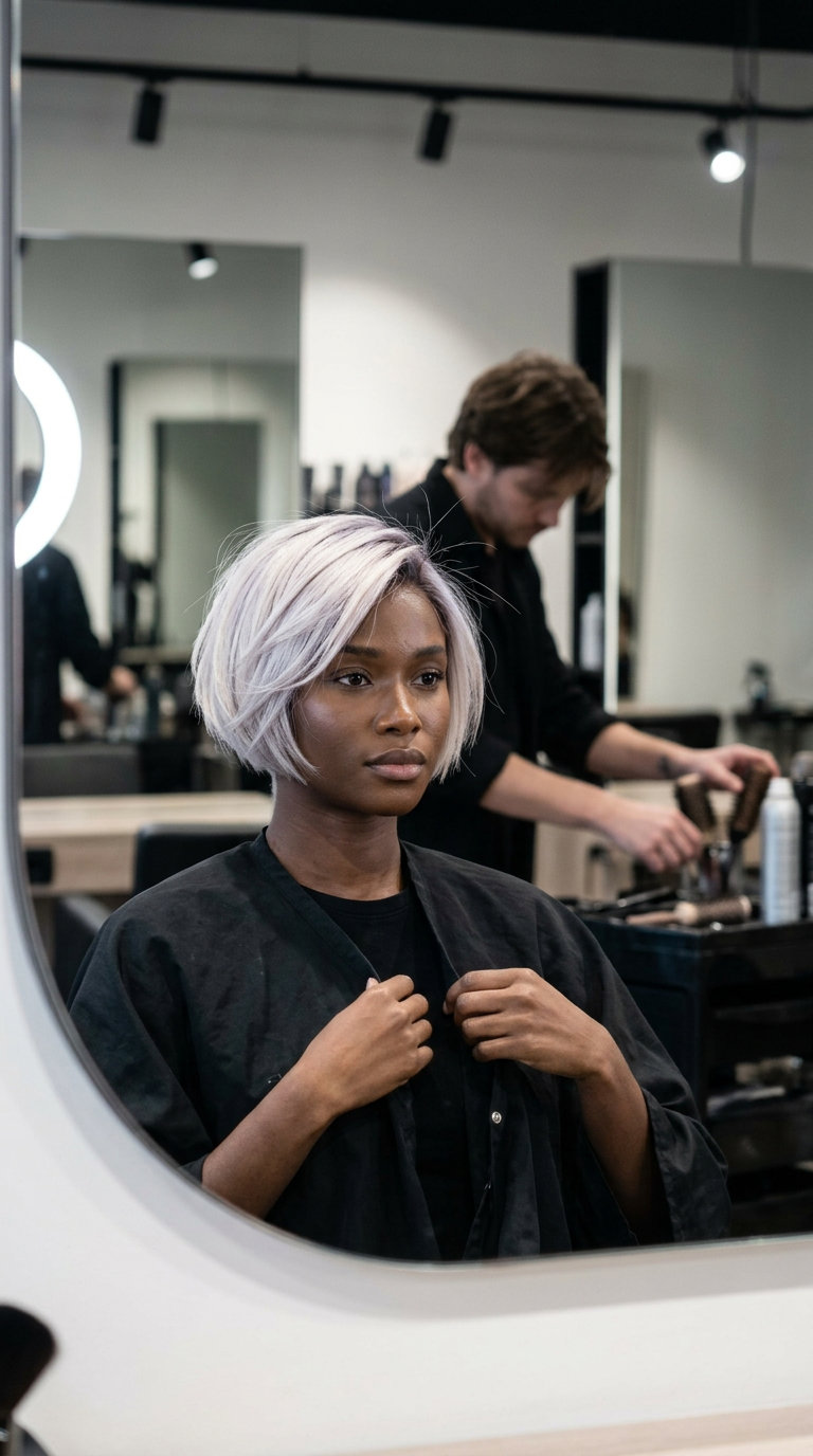 short icy platinum french bob haircut with violet-silver toner, razored ends, micro-fringe — edgy festival look