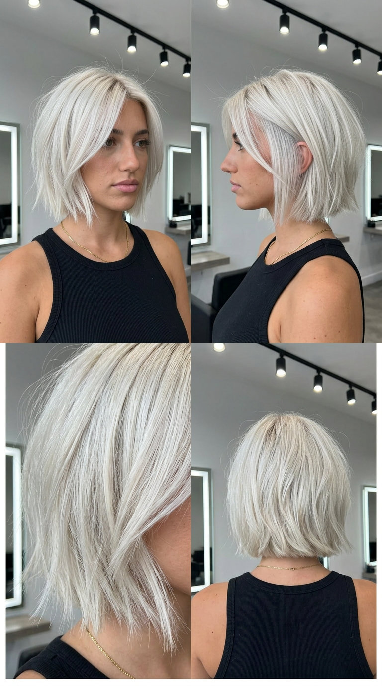 short icy platinum french bob haircut with violet toner, shattered ends, deep side part — rebellious night out style