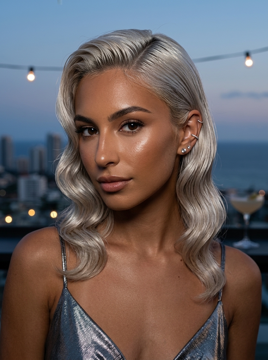 short icy platinum blonde hair with sculpted S-waves and high-gloss finish for summer