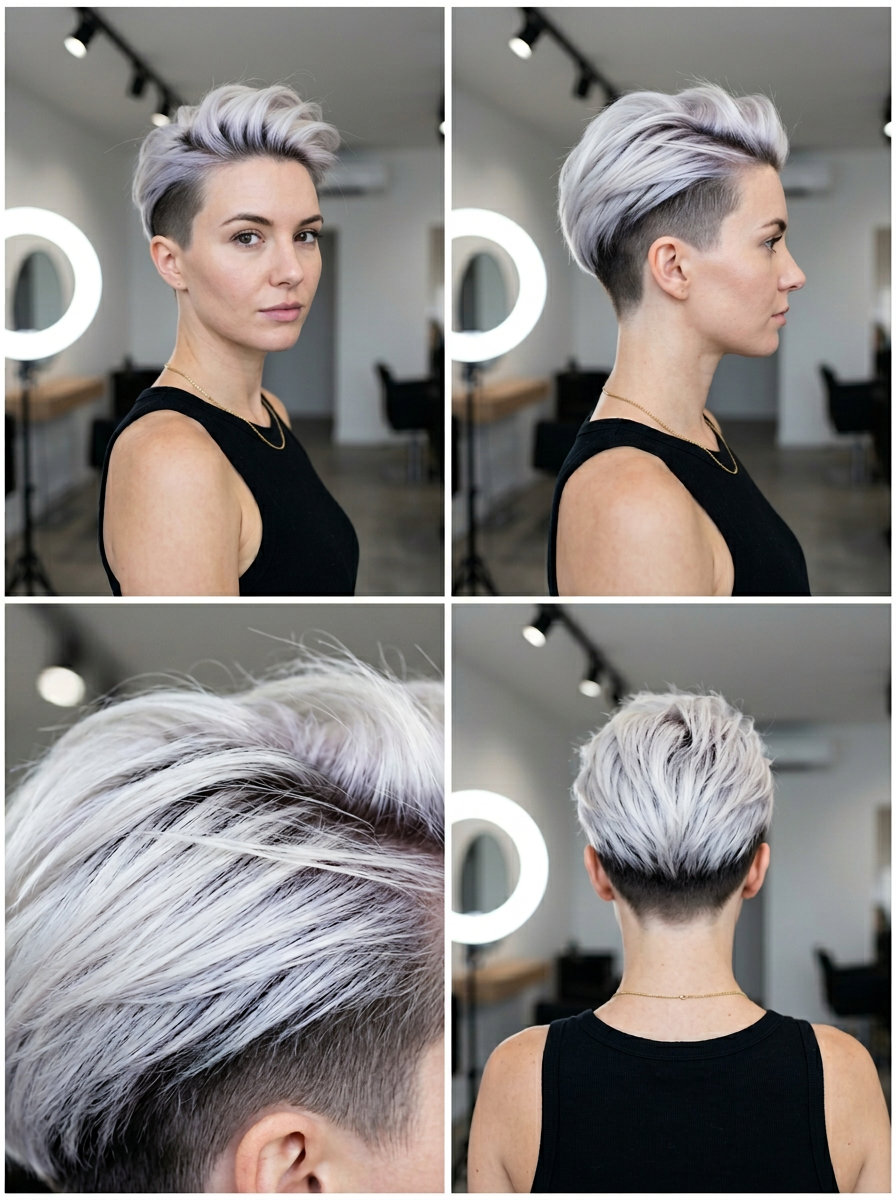 short textured crop with icy platinum blonde, violet-blue undertones, undercut for concert