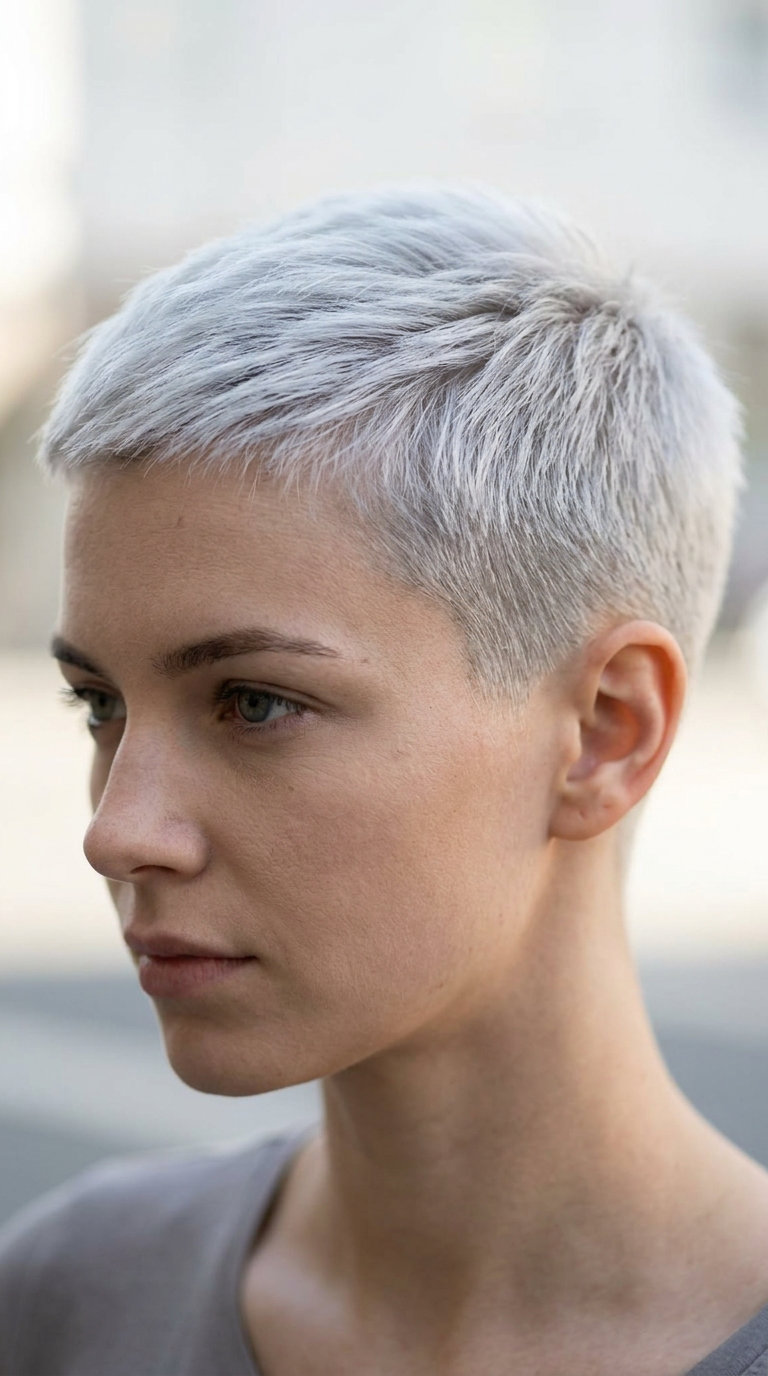 very short buzz pixie haircut with icy platinum silver, clipper fade, no fringe — bold, futuristic