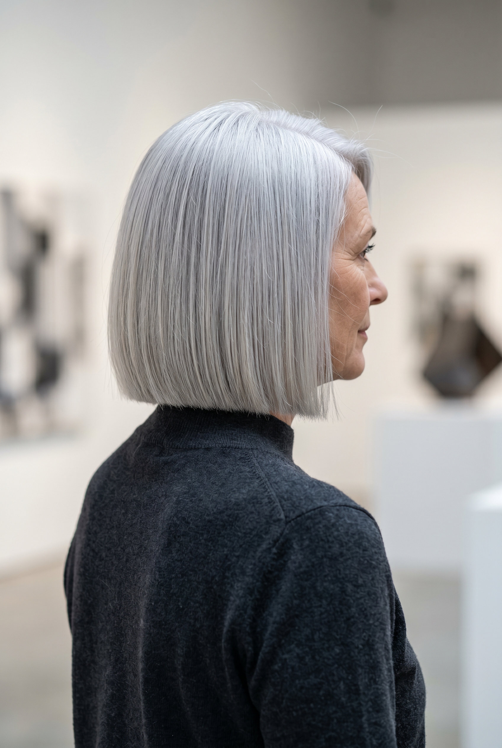 short icy silver blunt bob with platinum undertones and clean perimeter for formal events